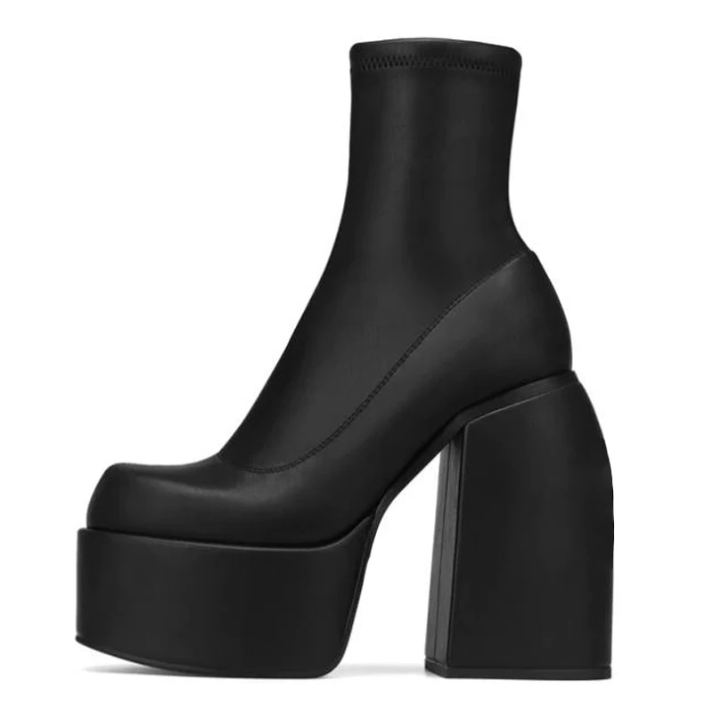 Stretch Punk Style Chunky Platform Ankle Boots For Women Autumn Winter High Heels Gothic Booties Shoes Ladies Black Bottine