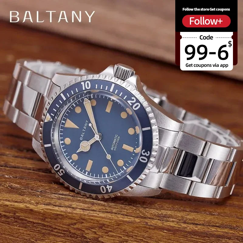 Baltany Retro Dive Watch S3043 39mm Classic Man Water Ghost Luminous Sapphire Stainless Steel Bracelet Automatic Watches