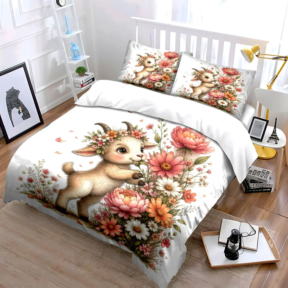 Goat with blooming flowers Print Bedding Set 1 Duvet Cover 2 Pillowcases for Adult and Children Luxury Gift Full Size