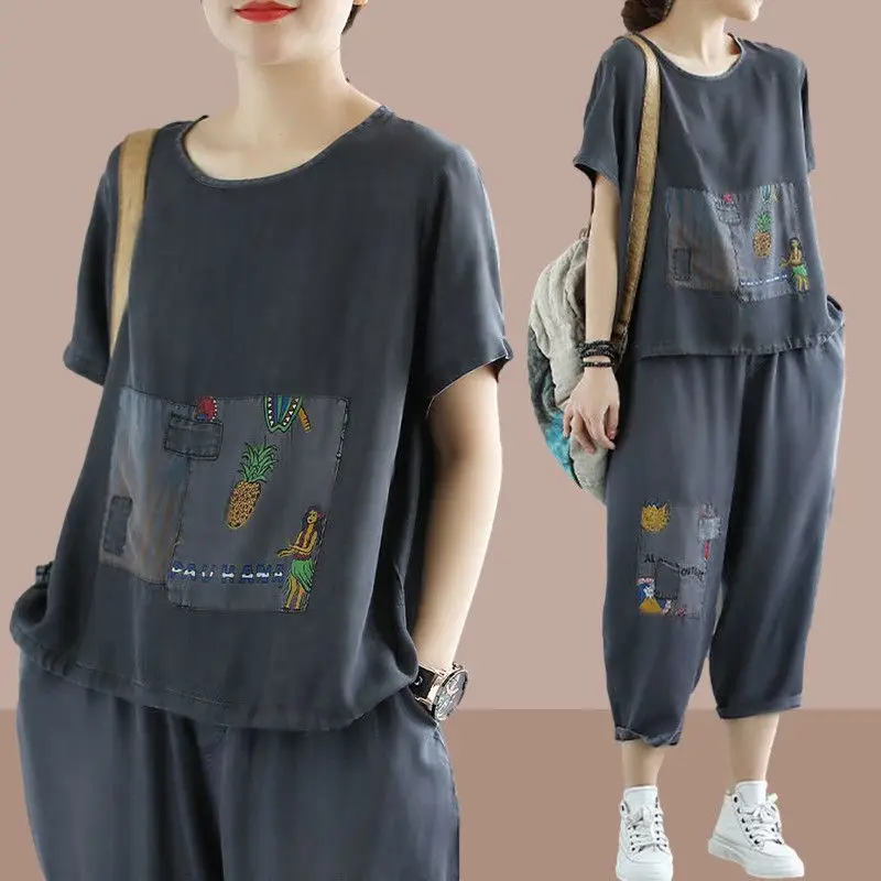 Retro Art Print Short Sleeve T-shirt Casual Wide Leg Pants Two Piece Elegant Women's Pants Set Summer Outfits Tracksuit