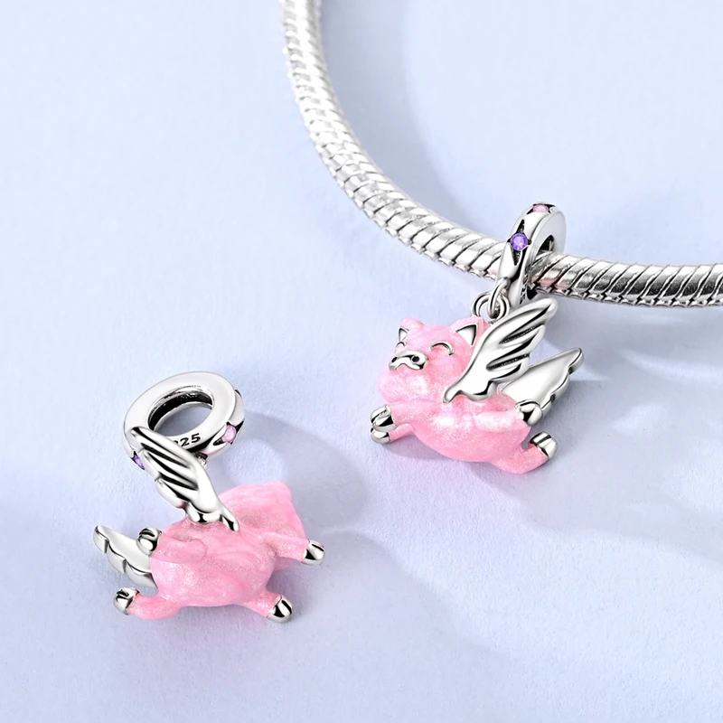 Fit Original 925 Sterling Silver Charms Beads Little Bear Lamb Little Flying Pig Pink Charms For Women DIY Birthday Jewelry Gift image 2