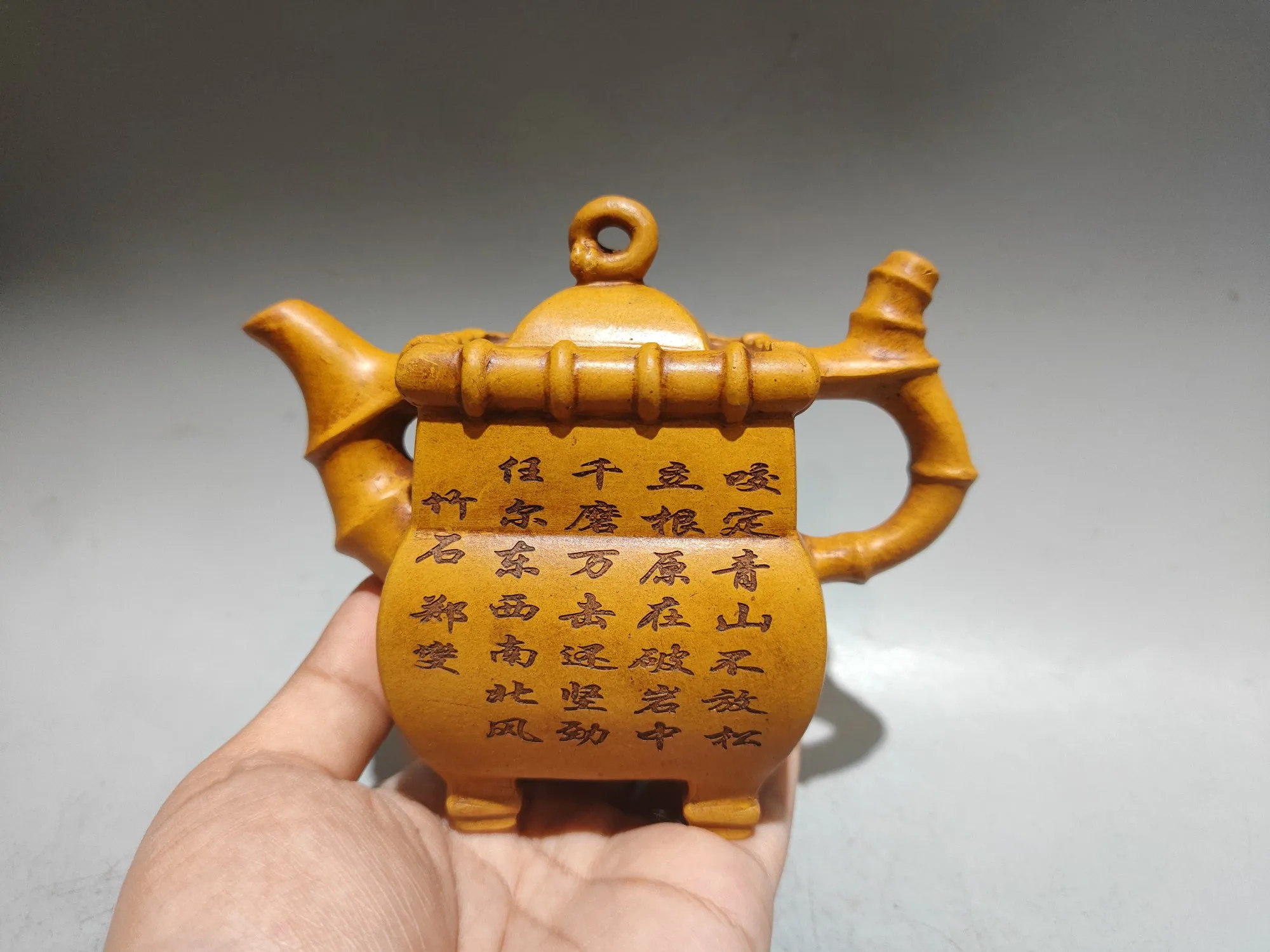 

Old Chinese Handicraft Enameled YiXing Zisha (red stoneware) Teapot,A teapot made of square bamboo, with mark, Free shipping