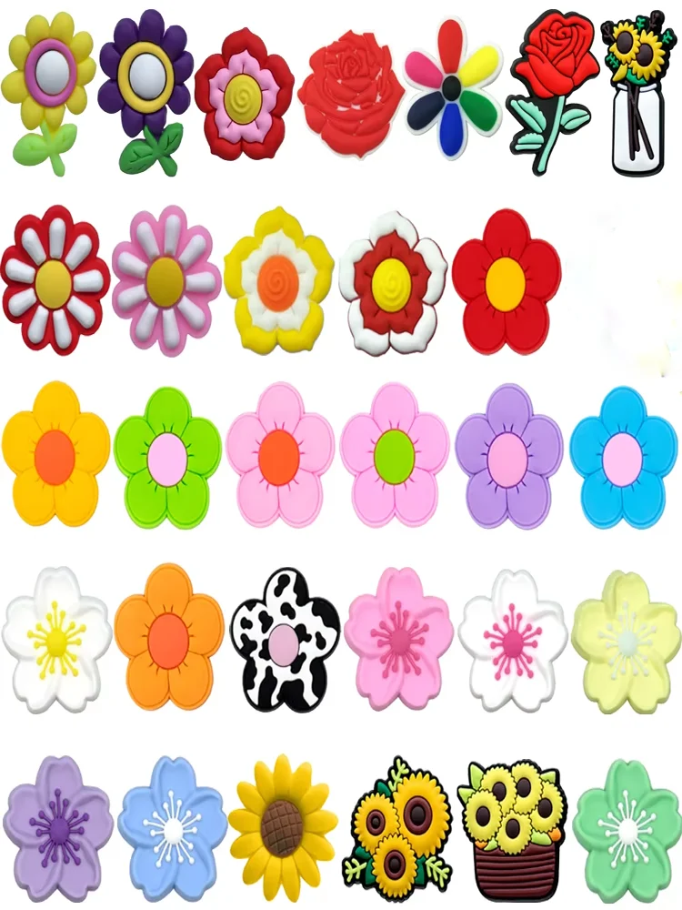 1/30 Pièces Breloques de Chaussures Série Florale pour Femmes, Accessoires à Boucle Ardillon Tournesol et Fleur de Cerisier, Décoration de Boucle pour Sabots Rose