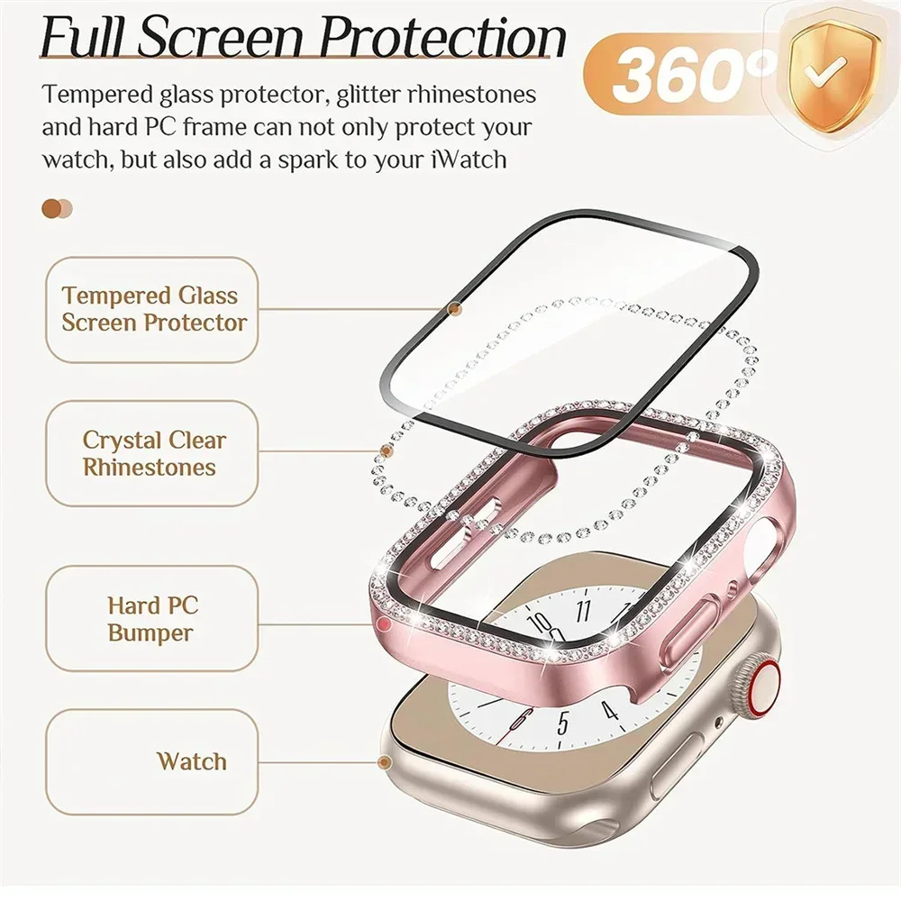 Glass Cover for Apple Watch 10 42mm 46mm Bling Case Diamond Bumper+Screen Protector For Iwatch Series 10 46/42 Frame Accessories