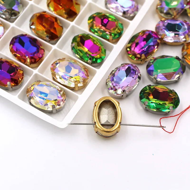 Clothing Accessories Oval Shape Glass Crystal Stones Golden Claw Setting Plating AB Rhinestones Sew On Garment/Shoes/Bag