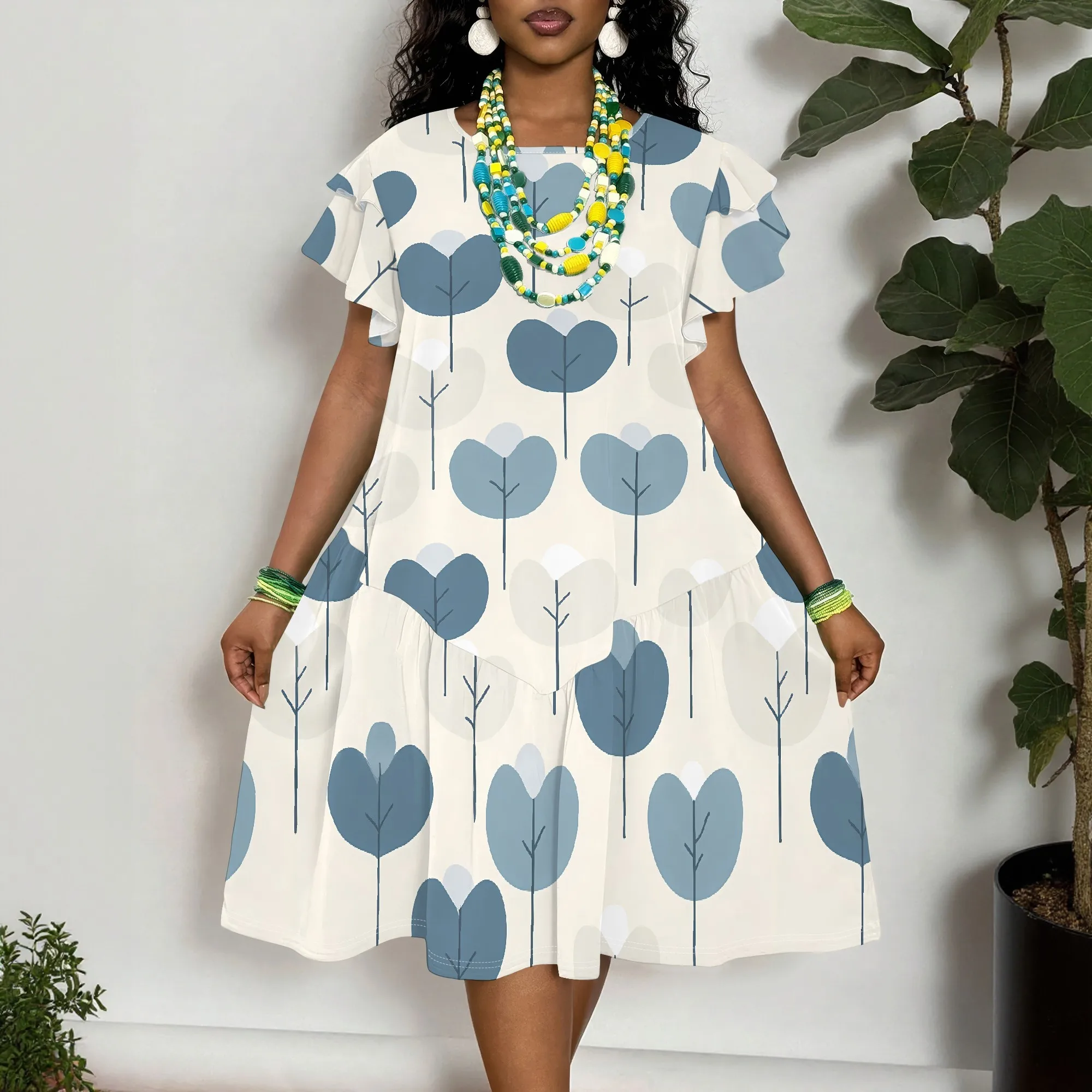 

Women's Plus Size Short Sleeve Dress with Blue Tree Print - Casual Loose Fit Summer Midi Dress for Comfortable Everyday Wear