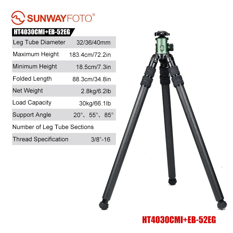 UNWAYFOTO HT4030CMI omgekeerde poten van koolstofvezel zonder middenkolom, 40 mm, 3 secties, 69'' hoog, belastbaar tot 66 lb. (30kg)