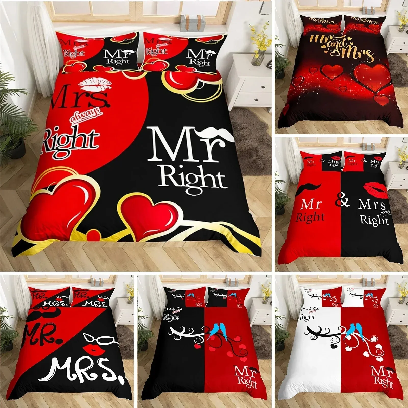 Mr Mrs Bedding Set Microfiber Romantic Wedding Theme Duvet Cover Set King For Valentine Day Funny Quotes Love Heart Quilt Cover