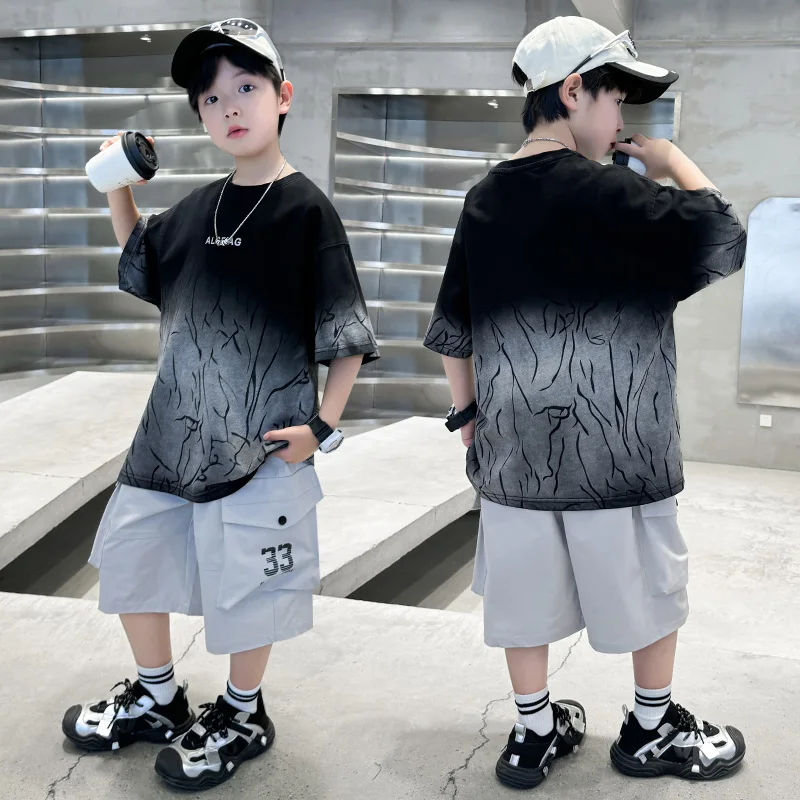 

Baby Child Summer Suit for Boy Cotton T-shirt + Cargo Shorts Clothing Set Elegant Kids Teen Black Outfit Tracksuit Casual Wear
