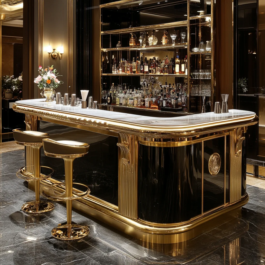 Luxury High-end Stainless Steel Bar Counter with Marble Top Freestanding LED Lighting for Home Hotel