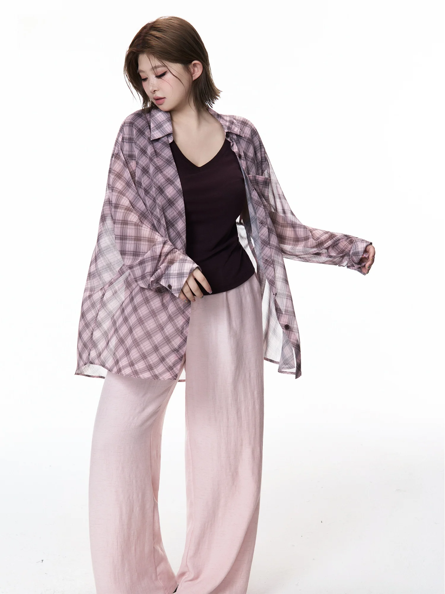 

Zhou Bai Zi Lazy Plaid Shirt Summer Thin Chiffon Sunscreen Cardigan Commute Versatile Universal Outerwear Women's Business Ca...