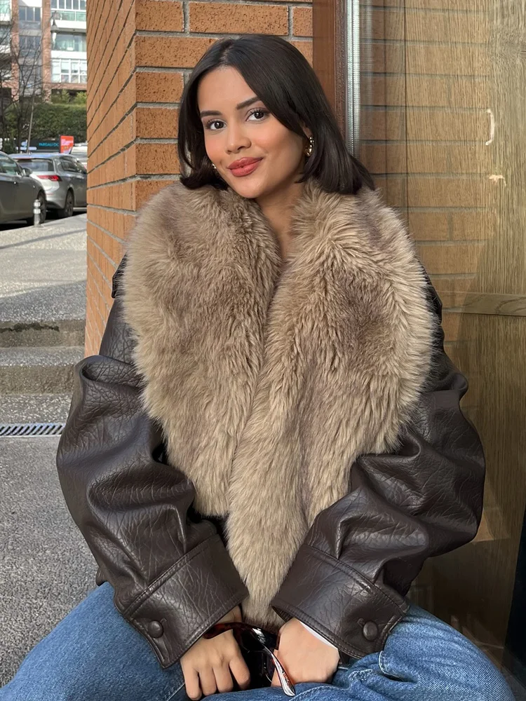 

HH Woman Fashion Winter Faux Fur Effect Lapel Long Sleeves Double Breasted Pocket Decoration Jackets Female Loose Casual Coat