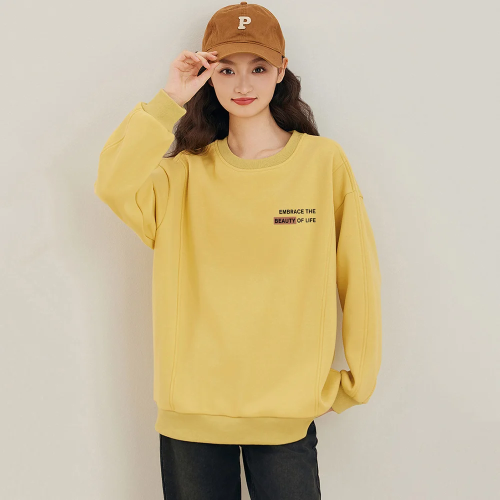 New Women Autumn Winter Velvet Lining Sweatshirt Fashion O-Neck Long Sleeve Letter Print Pullover Casual Loose Thick Sweatshirt