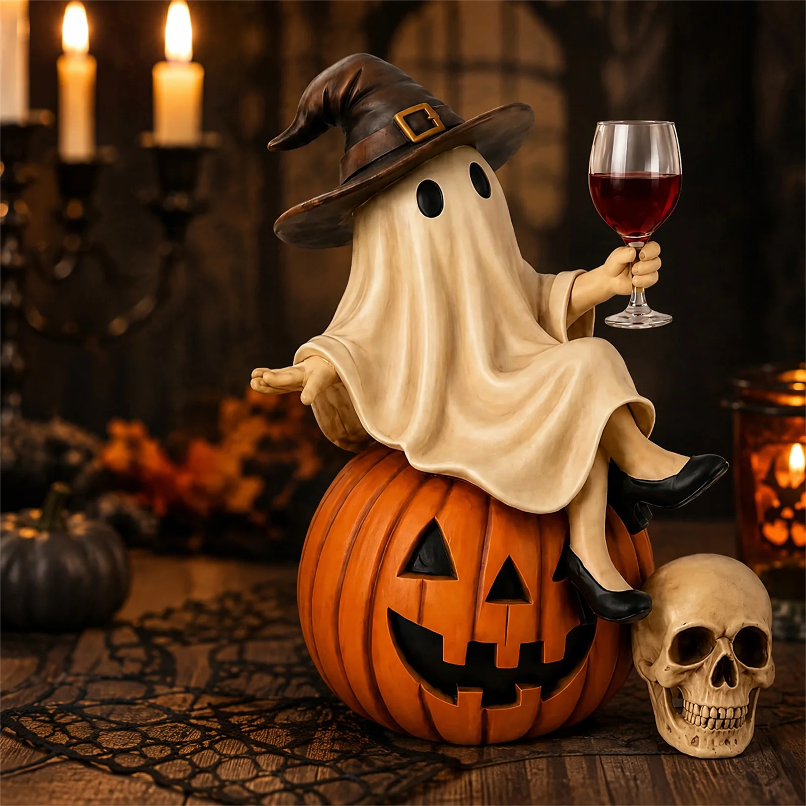 Ghost Wine Night Halloween Decor, Spooky Witch Figurine Sitting on Pumpkin with Wine Glass, Vintage Bar Tabletop Resin Ornament