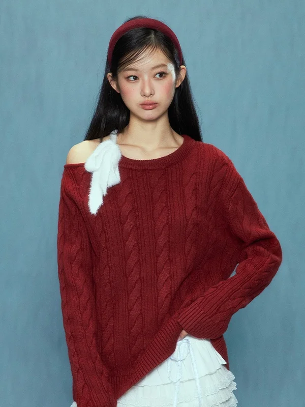 

Wedhub Red Knitwear oulder Bared Women's Sle Korean Faionable Top for New Year Autumn Winter Season Warmth Heating
