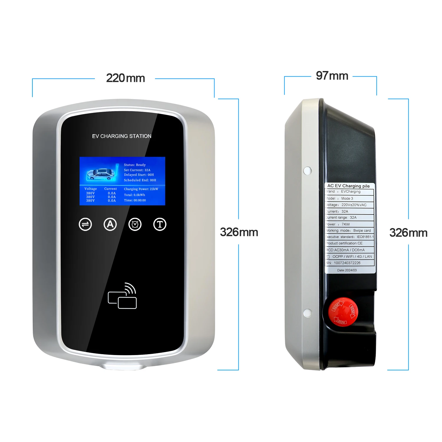 Kolanky شاحن سيارات كهربائية 32A 7.2KW مركبة كهربية شاحن سيارة EVSE Wallbox 11KW 22KW 3P Type2 كابل IEC62196-2 المقبس APP التحكم