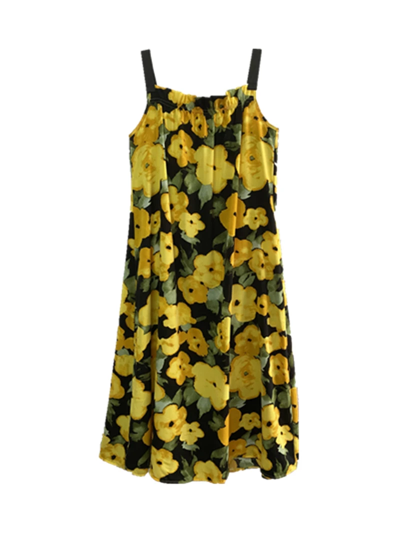 DTMCV Summer Cool Yellow Print Soft Texture Smooth Line Suspended Beach Dress Sexy and Fashionable Taste