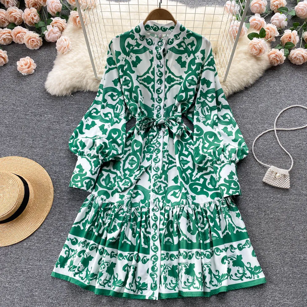 Fashion Runway Vintage Floral Print Dress Spring Summer Women Long Sleeve Turltneck Neck Bow Lace Up Elegant Party Dress A5929