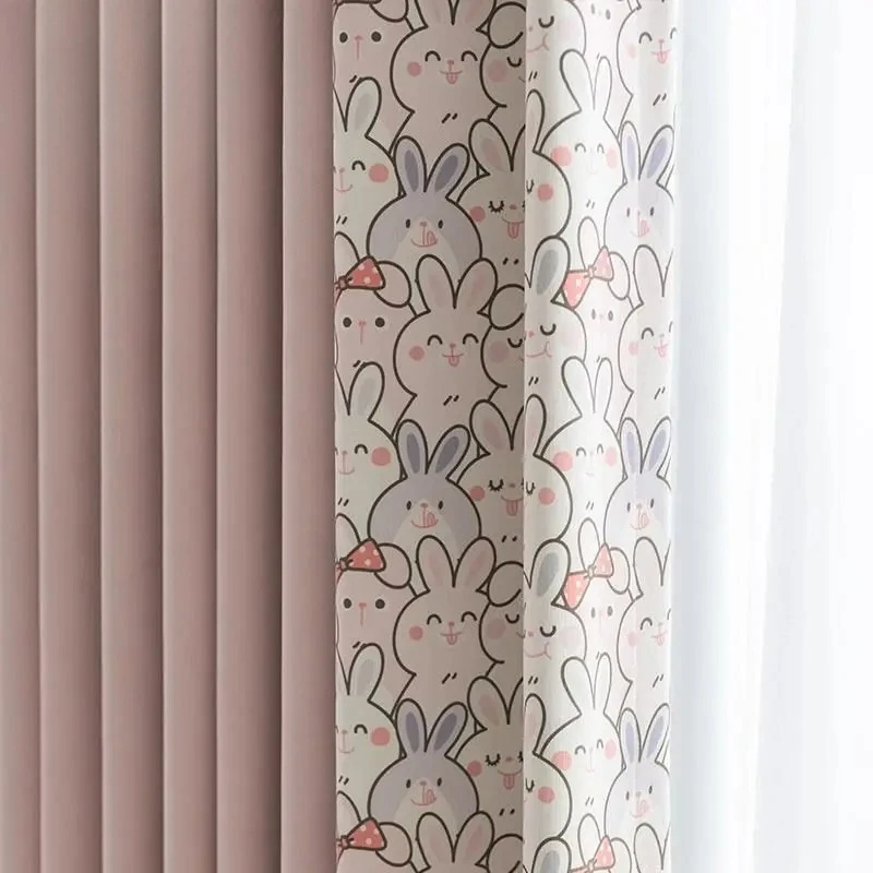 Pink Cartoon Printed Rabbit Chenille Curtain Children's Bedroom Kindergarten Dormitory Blackout Girl Princess Wind Curtain Decor