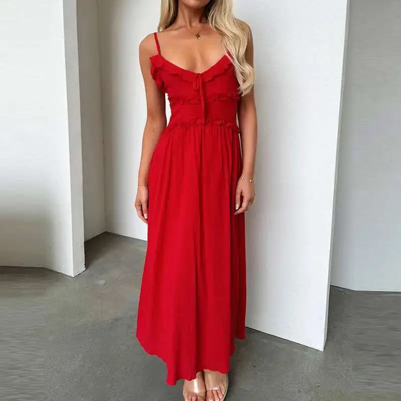 Sexy Hollow Out Sleeveless Pleated Beach Simple Solid Color Women's Holiday Dress New V Neck Ruffle Suspender Long Dresses