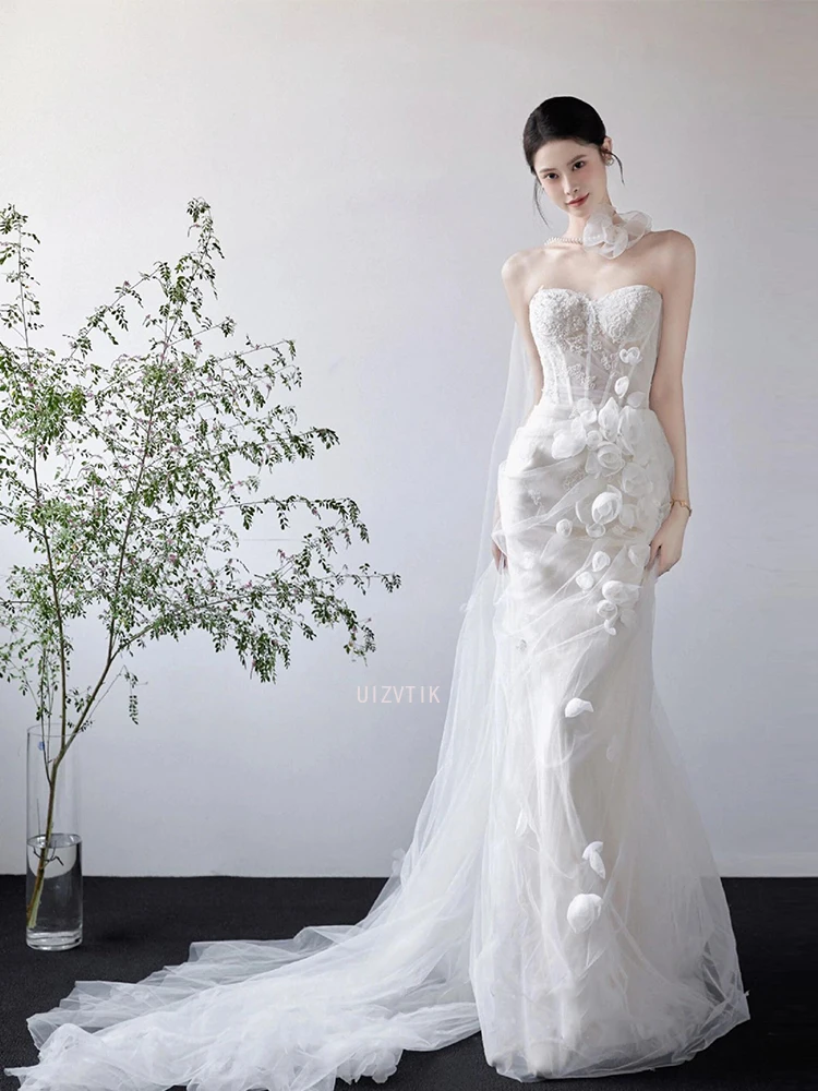 Luksusowe suknie ślubne syreny damskie bez ramiączek z odpinanym trenem suknia balowa elegancka aplikacja sesja zdjęciowa ślubna sukienka szyta na miarę