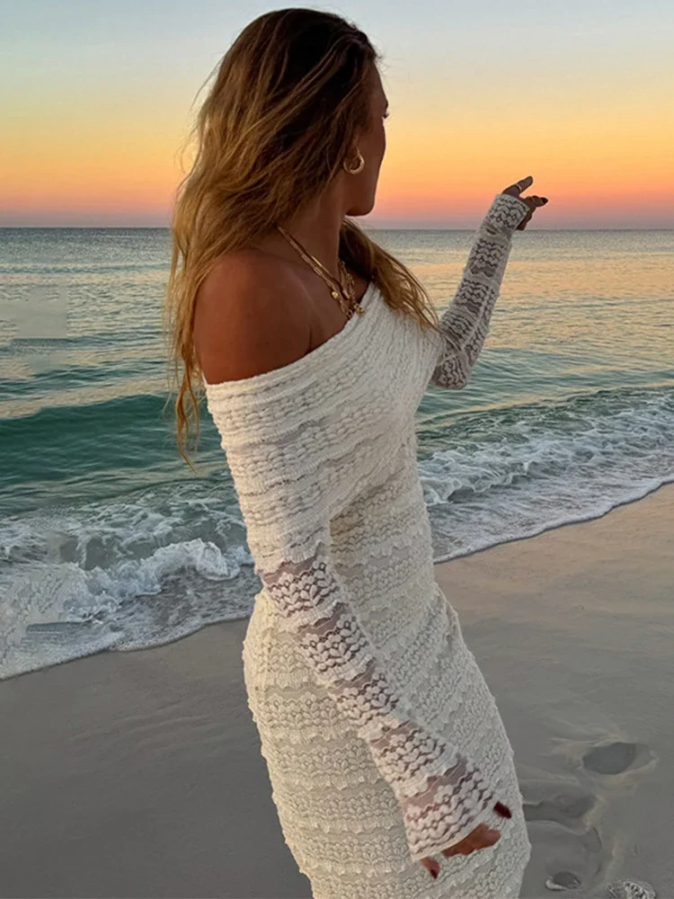 Elegancka sukienka maxi z odkrytymi ramionami, obcisła, modna, patchworkowa, z długim rękawem, dla kobiet, na wakacje na plaży, wyszczuplająca sukienka na imprezę.