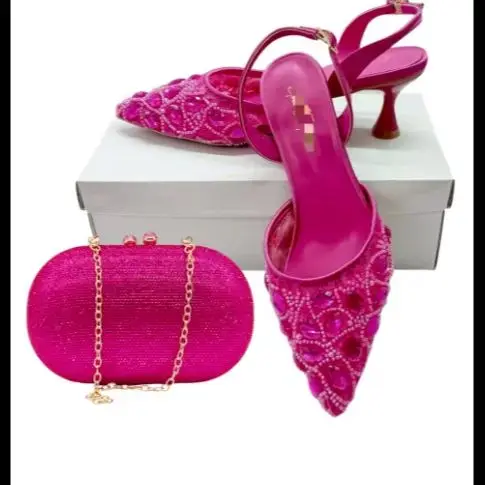 

LNATISNOVA Female Wedding Crystals Shoes With Purse Bags High Heels Pointed Toe High Heels Sandals Ladies Party shoe and bag set