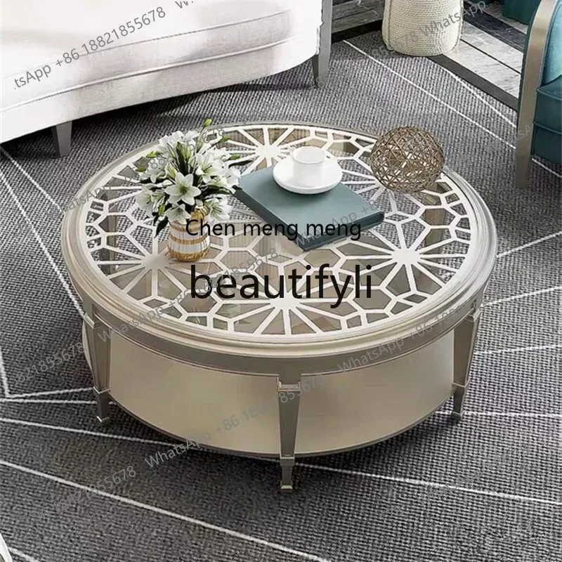 M178 American light luxury champagne gold solid wood coffee table simple modern hollow glass surface round living room