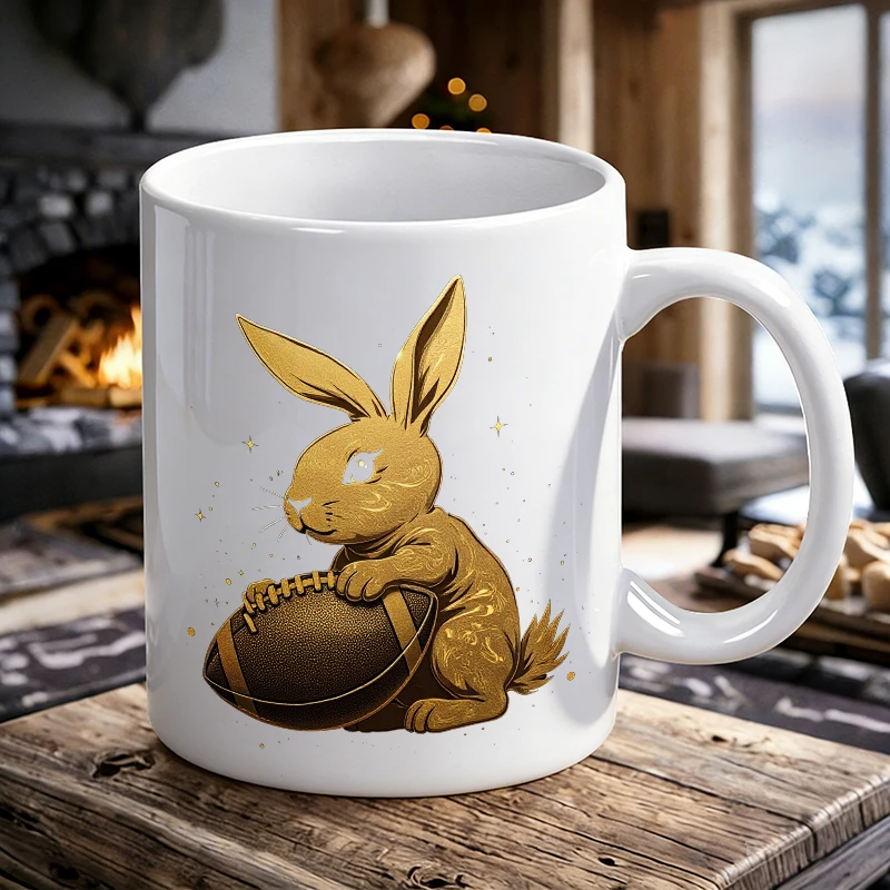 

Easter Golden Bunny Rugby Ceramic Mug, Coffee Cup, Milk Cup, Office Tea Cup, Drinking Cup, Does Not Fade, Gift for Friends