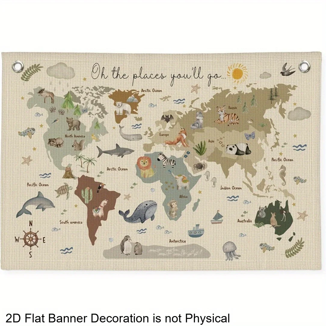 Banner plano 2D individual con mapa del mundo, ideal para decorar paredes en habitaciones o aulas. Esta linda tapicería educativ