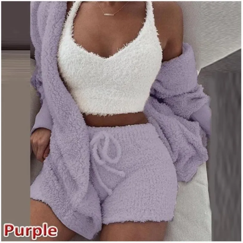 

Pure Color Pajamas Set For Women Casual Sleepwear Tank Top And Shorts Hoodie Leisure Homsuit Winter Warm 3 Pieces Pijamas