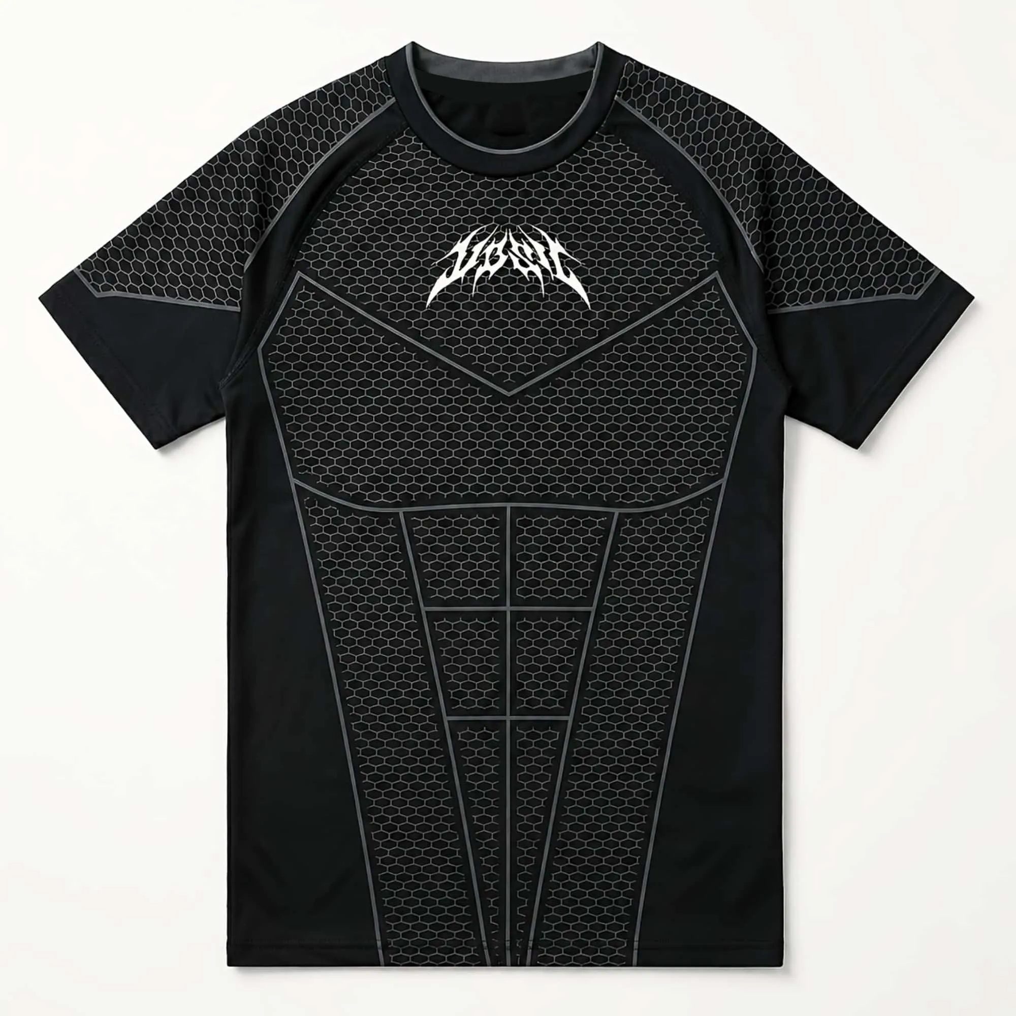 Techwear Grid Texture Athletic Compression Tee Herren Schwarz Gothic Font Print Atmungsaktives Lauf- und Gewichtheben-Kurzarmshirt – Detail 4