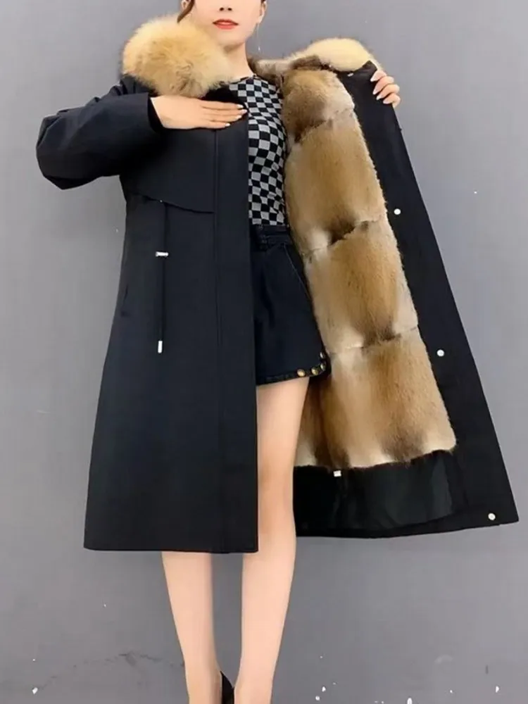 Señora cremallera forro interior desmontable piel de mapache Real abrigo largo cuello ajustado abrigo invierno grueso cálido abrigo largo señoras