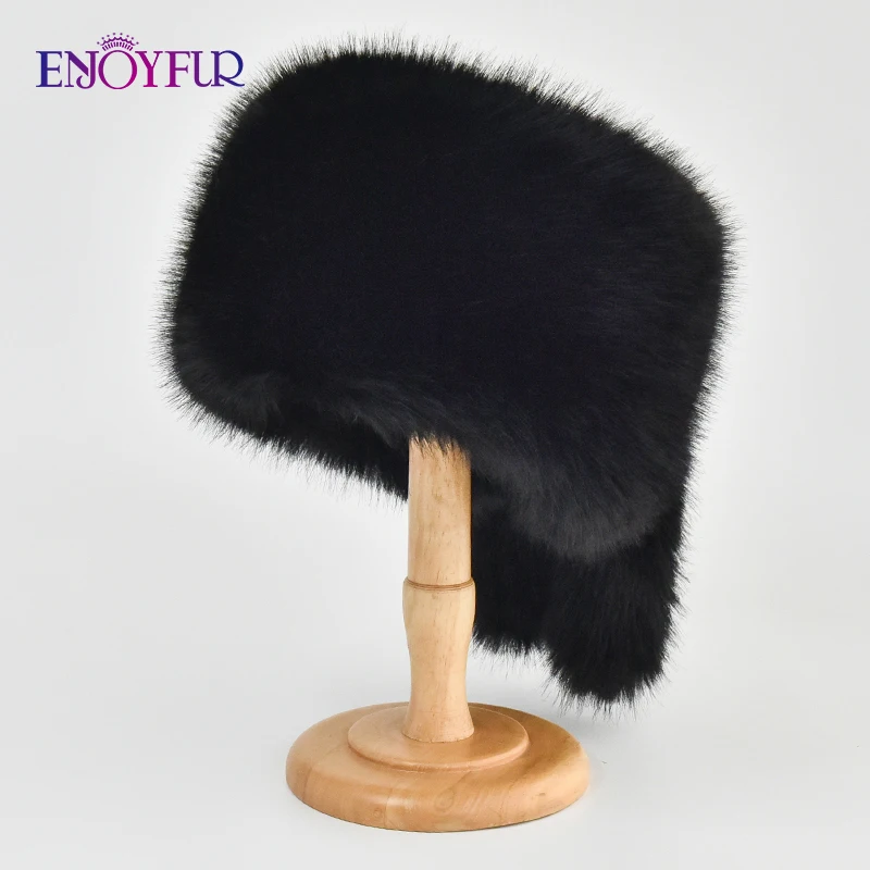 ENJOYFUR Winter Faux Fur Flat Top Hat For Women Thick Warm Russian Furry Cossack Hat Fashion Faux Fur Bomer Hat