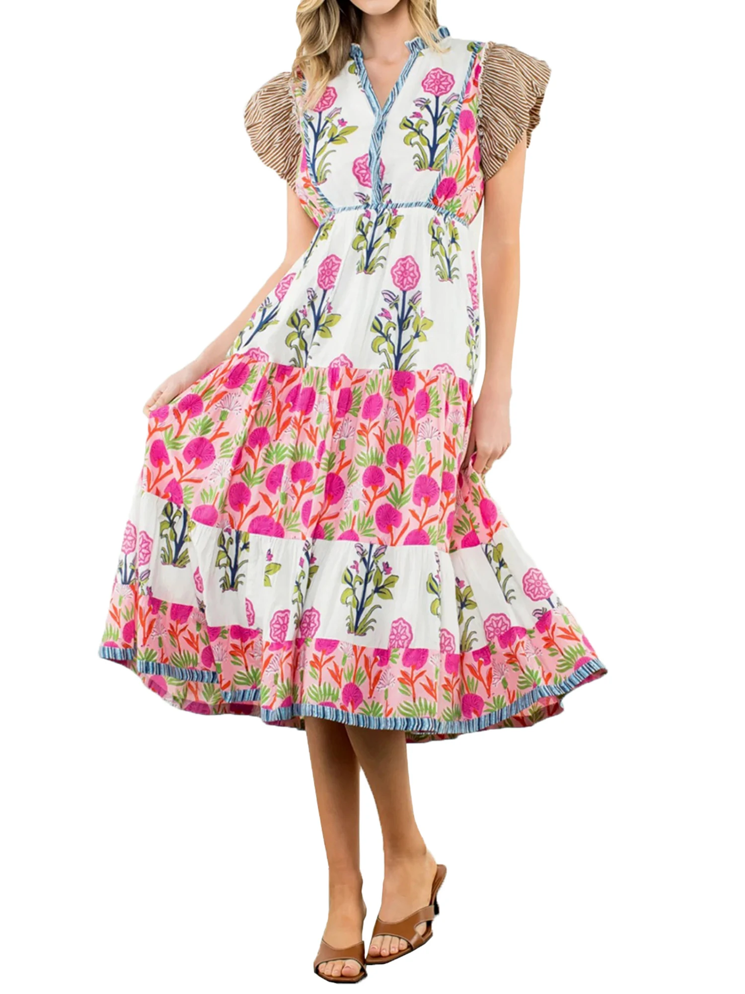 여름 파티와 해변 휴가에 딱 맞는 러플 소매와 V 넥라인이 있는 우아한 Boho 스타일 맥시 드레스