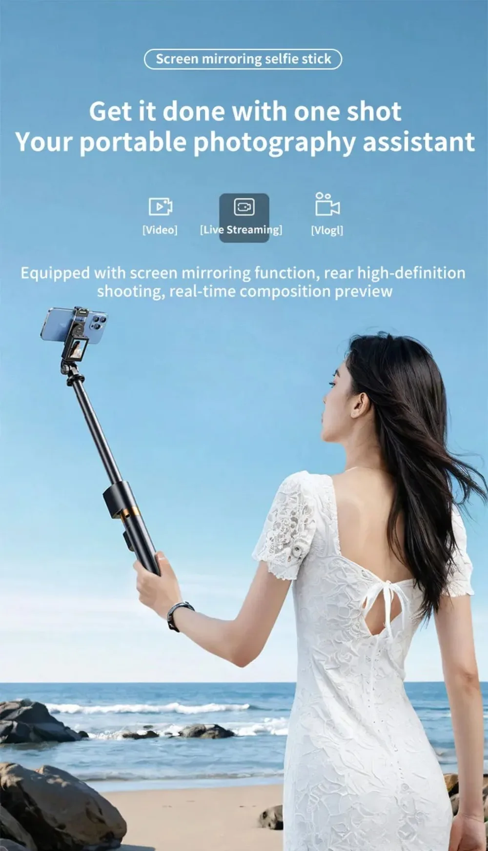 Treppiede portatile estensibile, design leggero, base stabile, bastone per selfie, rotazione a 360°, altezza regolabile, telecomando._voghion.com