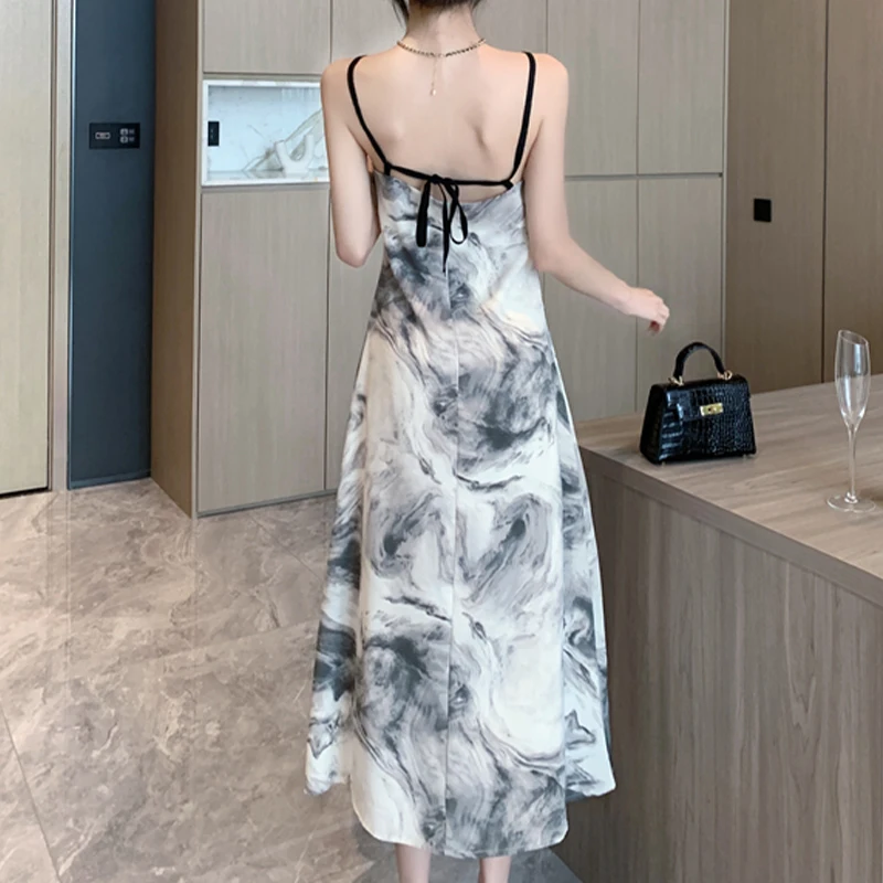 HOUZHOU Sexy Maxi Dress Vintage Elegant Print Aesthetic Chinese Style Gentle Backless Bandage Fashion Summer Slim Long Dresses