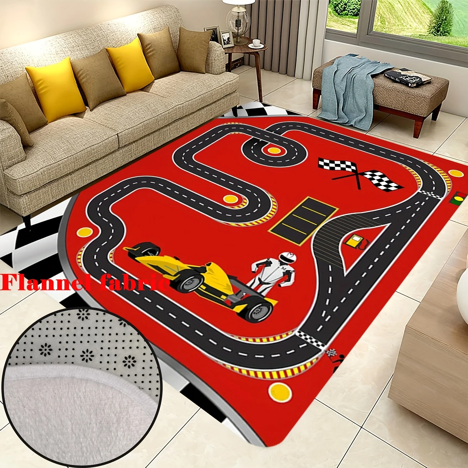 Red racing car track pattern Flannel-printed floor mats are slip-resistant Suitable living room bedroom terrace garden carpets