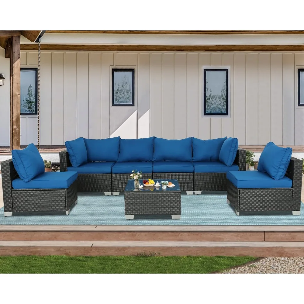 HTTH 7 Pieces Patio Furniture Sets Outdoor Rattan Wicker Conversation Sofa Garden Sectional Sets with Washable Cushions Coffee