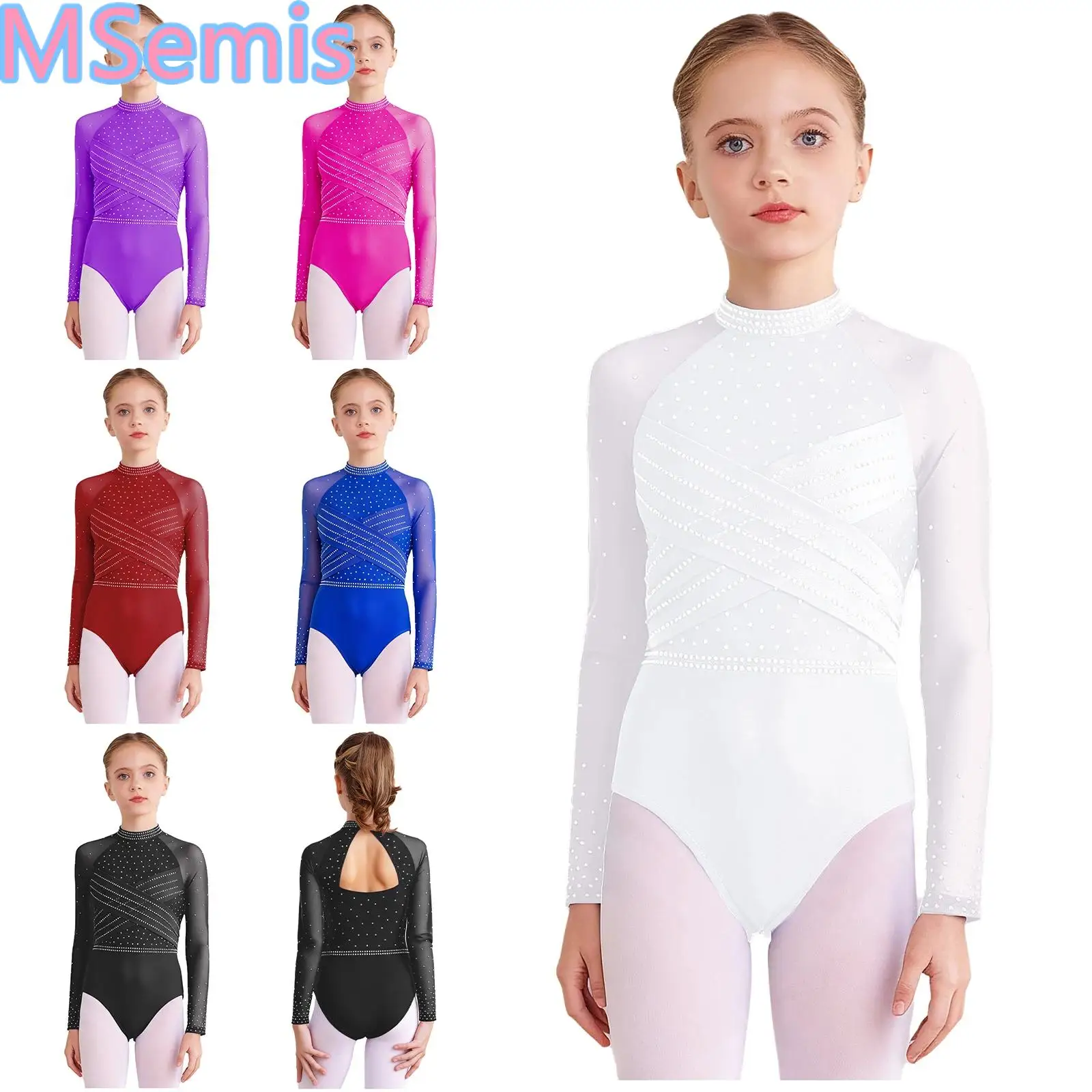 Kids Girls Cutout Back Dance Leotard Sheer Mesh Long Sleeves Cross Front Sparkling Rhinestones Bodysuit Dancewear