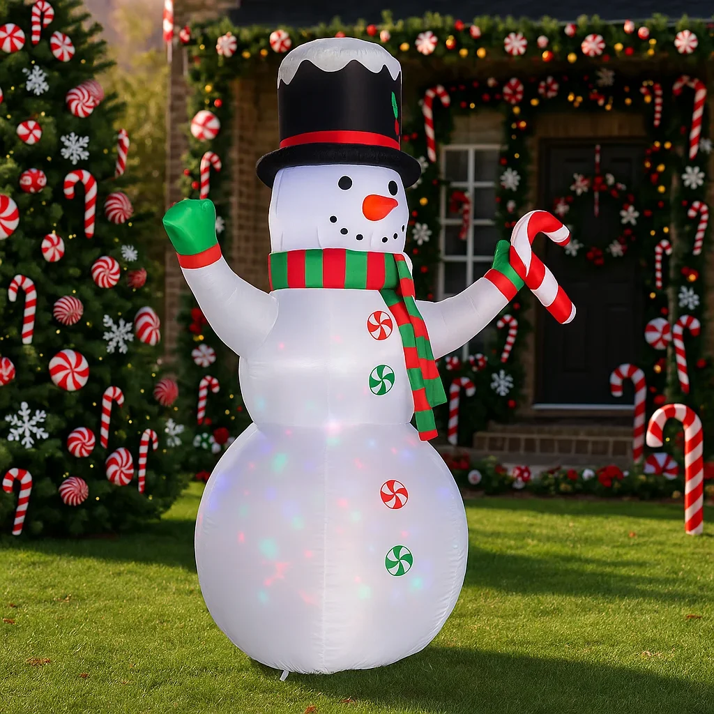 Muñeco de nieve inflable de Navidad de 2,4 M/7,8 pies con bastón de caramelo, luces LED, decoraciones para el hogar, juguetes, adornos navideños para patio, suministros de decoración