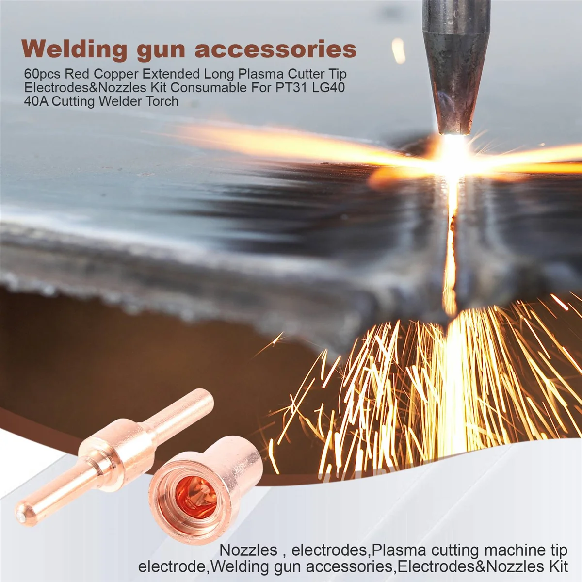 60pcs Red Copper Extended Long Plasma Cutter Tip Electrodes&Nozzles Kit  Consumable For PT31 LG40 40A Cutting Welder Torch