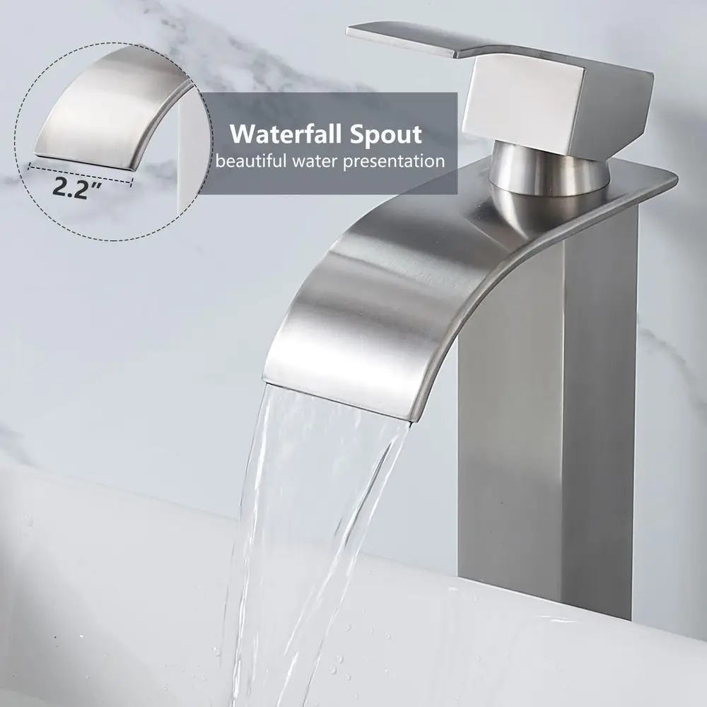 Grifo de lavabo de cascada de un solo mango alto de níquel cepillado con drenaje emergente para tocador de lavabo