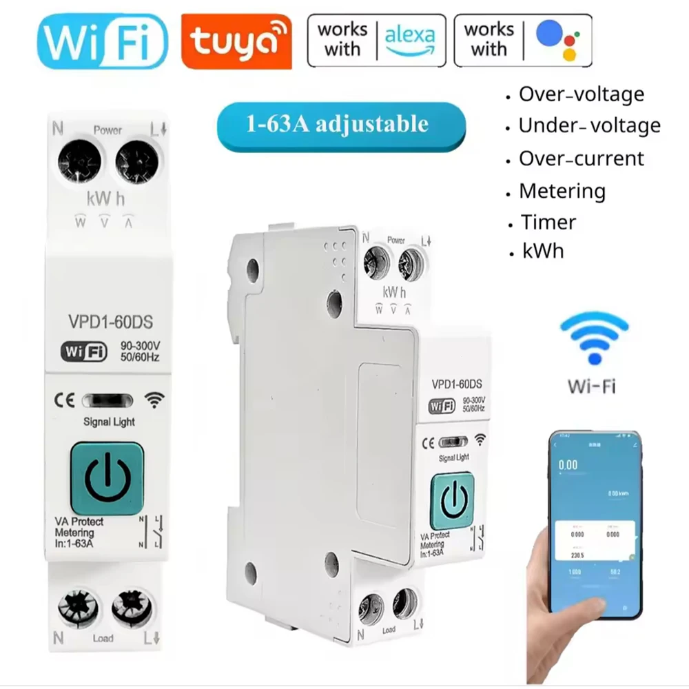 63A 1P+N WiFi Smart Switch with Energy Metering kWh Monitoring Timer MCB TUYA Breaker Compatibility for Smartlife Voltage