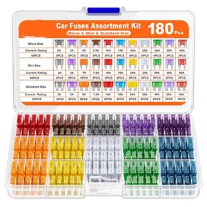 180Pcs Car Fuses Assorted Kit, 60 Mini Blade Car Fuse +60 Standard Fuse Automotive +60 Micro Fuse + Fuse Puller