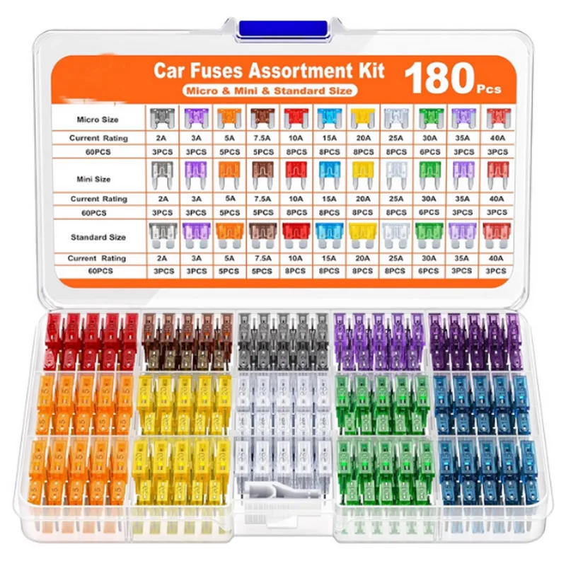 مجموعة متنوعة من صمامات السيارة مكونة من 180 قطعة، 60 فيوز صغير للسيارة + 60 مصهر قياسي للسيارات + 60 فيوز صغير + مجتذب فيوز