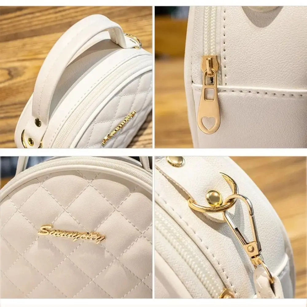 Fashion Lingge Embroidered Small Round Bag Solid Color Zipper Women Shoulder Bag PU Leather Crossbody Bag - view 3