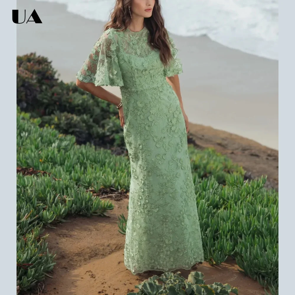 

Customized Straight Flare Sleeve Evening Dresses for Women Exquisite Floral Applique Maxi Prom Dress Elegant O-neck Party Dress