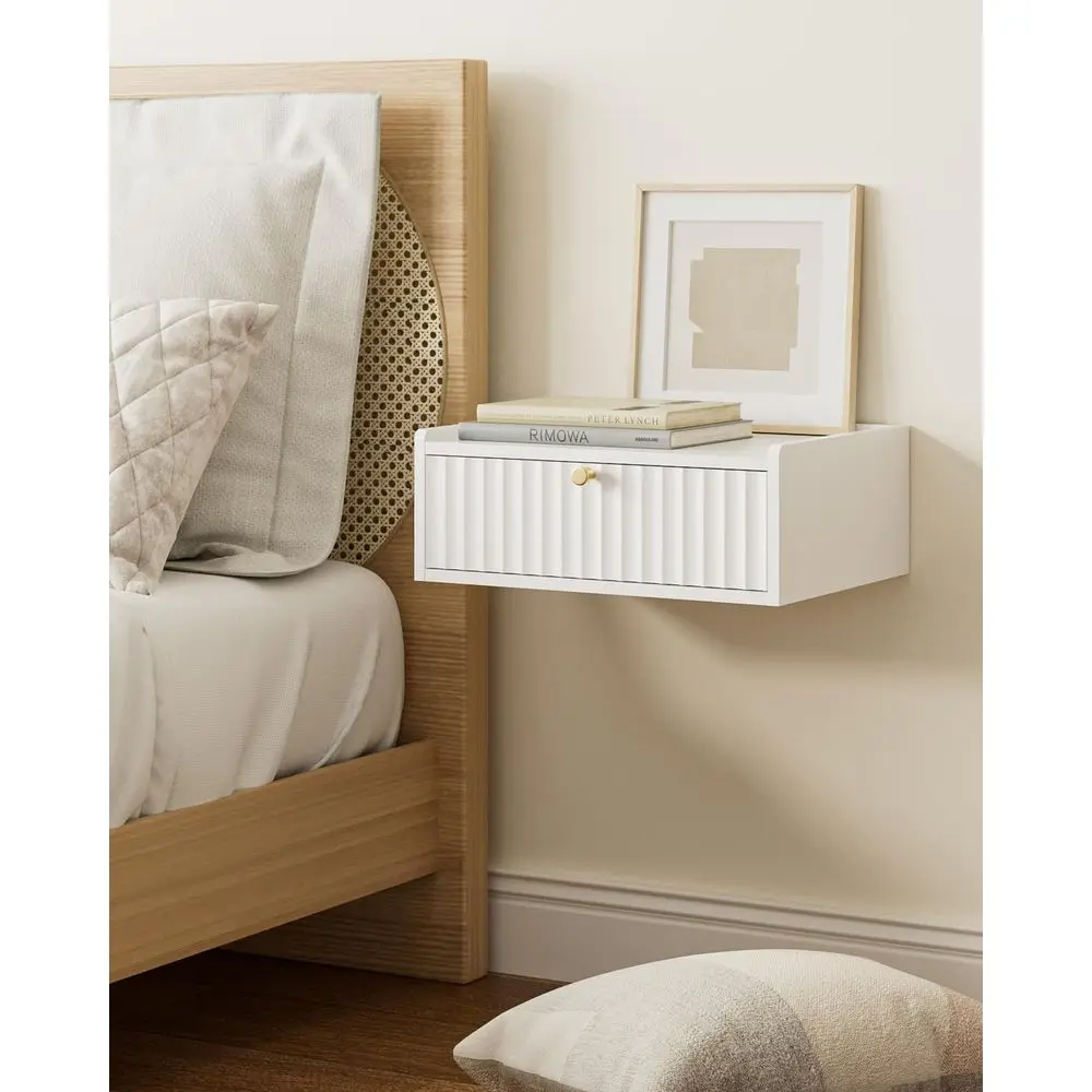 

Modern Wall-Mounted Wood Nightstand Set for Small Spaces - White Storage Drawer Night Stands for Bedroom, Dorm, and Hallway