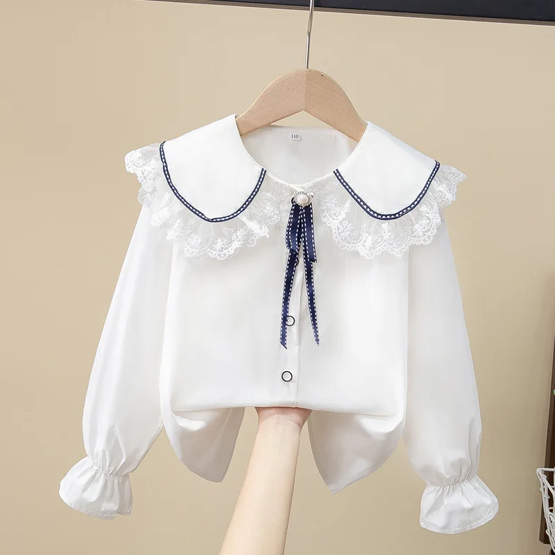 Girls Blouse 2024 Spring Kids Clothes Children Clothing School Girl White Ruffle Blouse Cute Bow Cotton Child Shirt Blusas 2-16Y